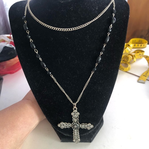 Silver Cross Pendant Necklace with Black Beads - Picture 9 of 9